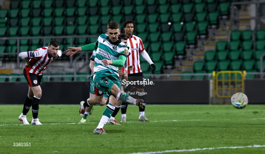 6 March 2026; Dylan Watts of Shamrock Rovers scores a penalty during the SSE Airtricity Men's Premier Division match between Shamrock Rovers and Derry City at Tallaght Stadium in Dublin. Photo by Paul Phelan/Sportsfile