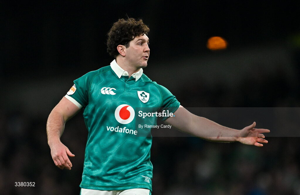 6 March 2026; Tom Stewart of Ireland during the Guinness 6 Nations Rugby Championship match between Ireland and Wales at the Aviva Stadium in Dublin. Photo by Ramsey Cardy/Sportsfile