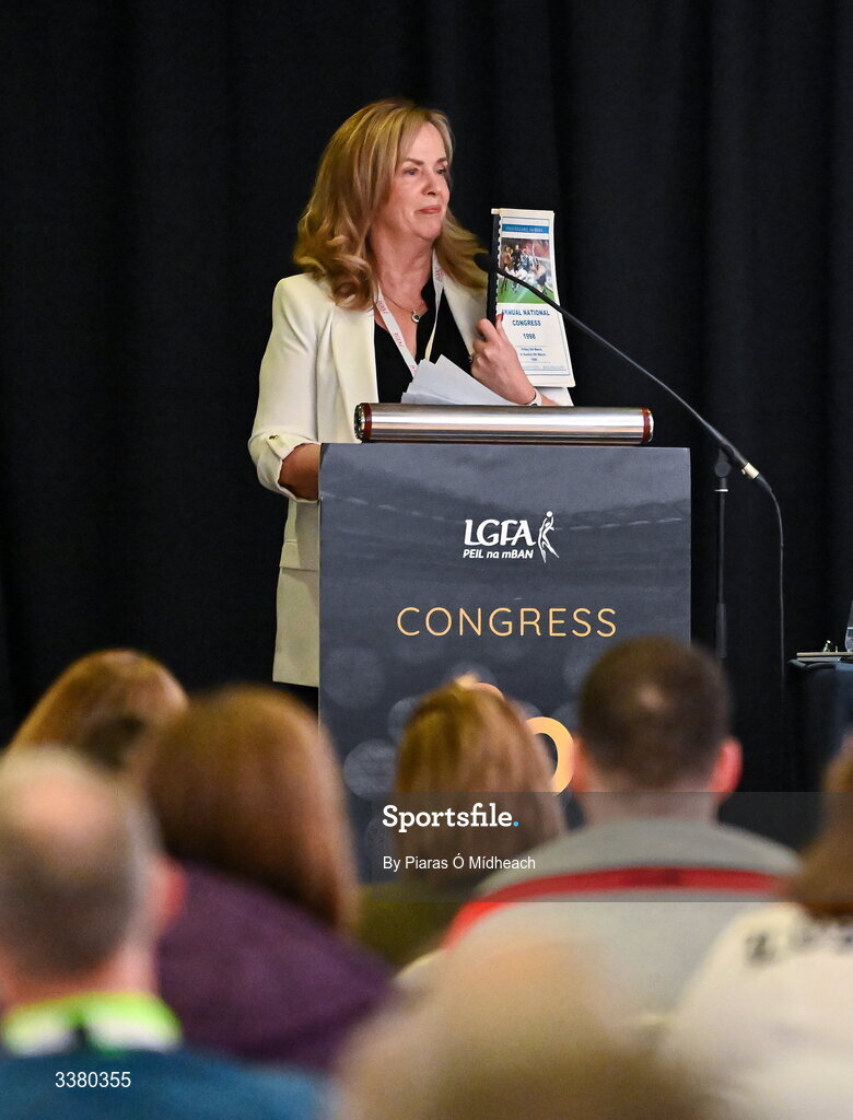 6 March 2026; Outgoing LGFA chief executive officer Helen O'Rourke with a copy of the report from the 1998 LGFA Congress, her first year in the role, during day one of the LGFA Annual Congress at the Diamond Coast Hotel in Sligo. Photo by Piaras Ó Mídheach/Sportsfile