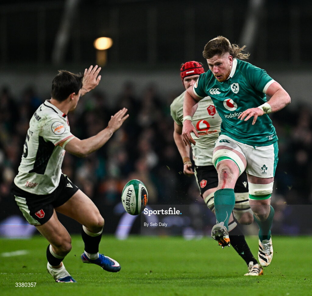 6 March 2026; Joe McCarthy of Ireland kicks on during the Guinness 6 Nations Rugby Championship match between Ireland and Wales at the Aviva Stadium in Dublin. Photo by Seb Daly/Sportsfile