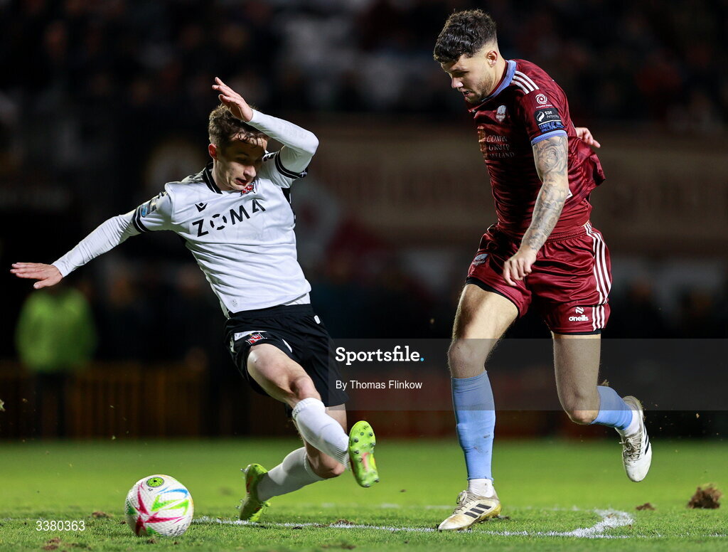 6 March 2026; Matthew Wolfe of Galway United in action against Tyreke Wilson of Dundalk during the SSE Airtricity Men's Premier Division match between Galway United and Dundalk at Eamonn Deacy Park in Galway. Photo by Thomas Flinkow/Sportsfile