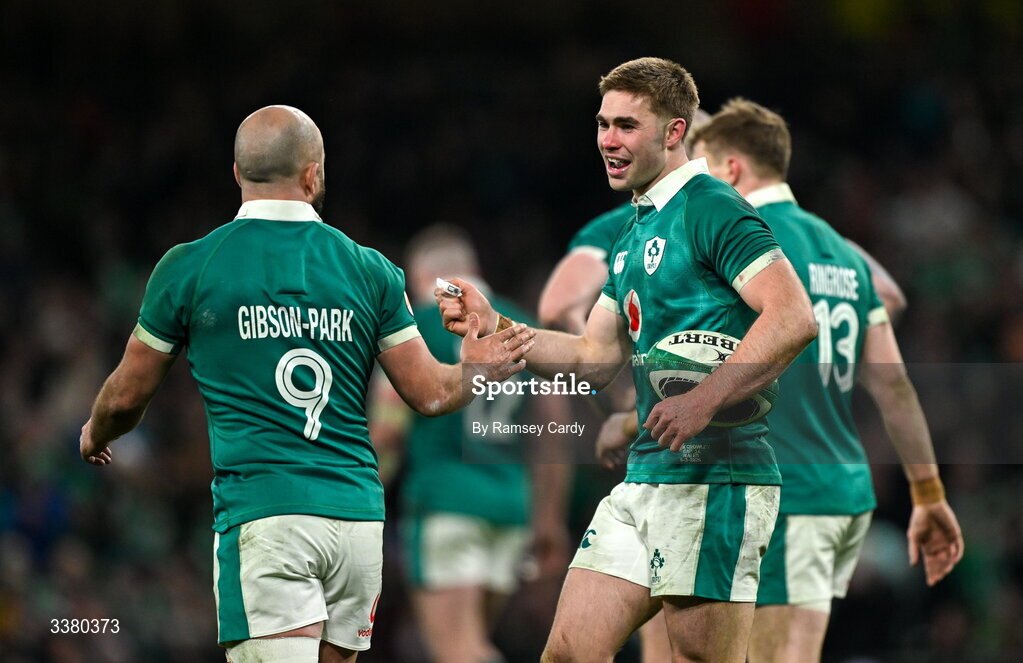 6 March 2026; Jack Crowley of Ireland, centre, and team-mate Jamison Gibson-Park, 9, during the Guinness 6 Nations Rugby Championship match between Ireland and Wales at the Aviva Stadium in Dublin. Photo by Ramsey Cardy/Sportsfile