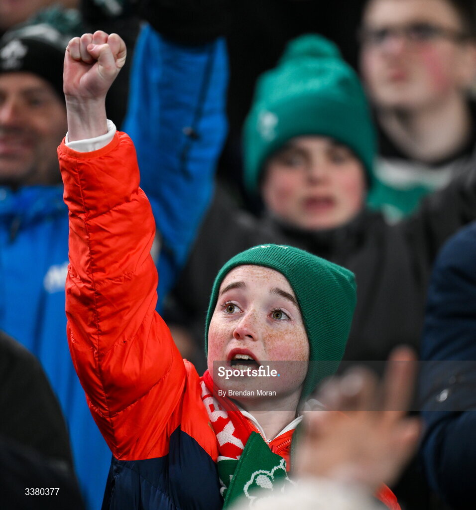 6 March 2026; Ireland supporters celebrate their side's fourth try during the Guinness 6 Nations Rugby Championship match between Ireland and Wales at the Aviva Stadium in Dublin. Photo by Brendan Moran/Sportsfile