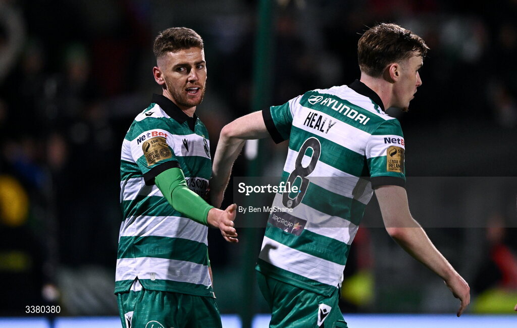 6 March 2026; Dylan Watts of Shamrock Rovers, left, celebrates with teammate Matt Healy after scoring their side's first goal, a penalty, during the SSE Airtricity Men's Premier Division match between Shamrock Rovers and Derry City at Tallaght Stadium in Dublin. Photo by Ben McShane/Sportsfile