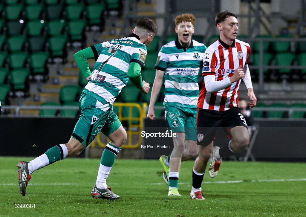 6 March 2026; Dylan Watts of Shamrock Rovers celebrates after scoring his side's first goal during the SSE Airtricity Men's Premier Division match between Shamrock Rovers and Derry City at Tallaght Stadium in Dublin. Photo by Paul Phelan/Sportsfile