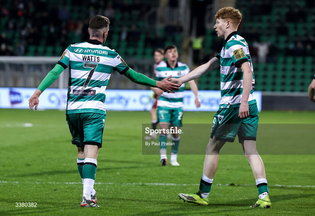 6 March 2026; Dylan Watts of Shamrock Rovers celebrates after scoring his side's first goal with Adam Brennan of Shamrock Rovers during the SSE Airtricity Men's Premier Division match between Shamrock Rovers and Derry City at Tallaght Stadium in Dublin. Photo by Paul Phelan/Sportsfile