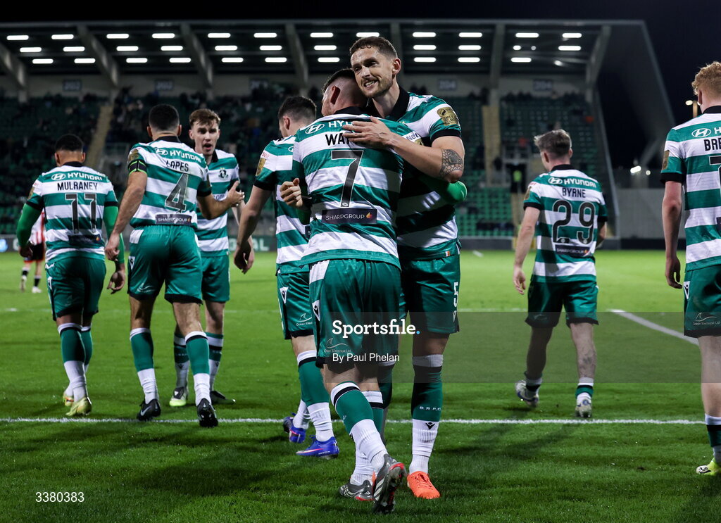 6 March 2026; Dylan Watts of Shamrock Rovers celebrates after scoring his side's first goal with Lee Grace of Shamrock Rovers during the SSE Airtricity Men's Premier Division match between Shamrock Rovers and Derry City at Tallaght Stadium in Dublin. Photo by Paul Phelan/Sportsfile