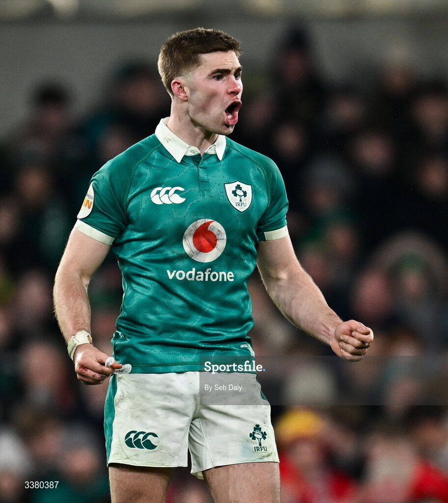 6 March 2026; Jack Crowley of Ireland during the Guinness 6 Nations Rugby Championship match between Ireland and Wales at the Aviva Stadium in Dublin. Photo by Seb Daly/Sportsfile