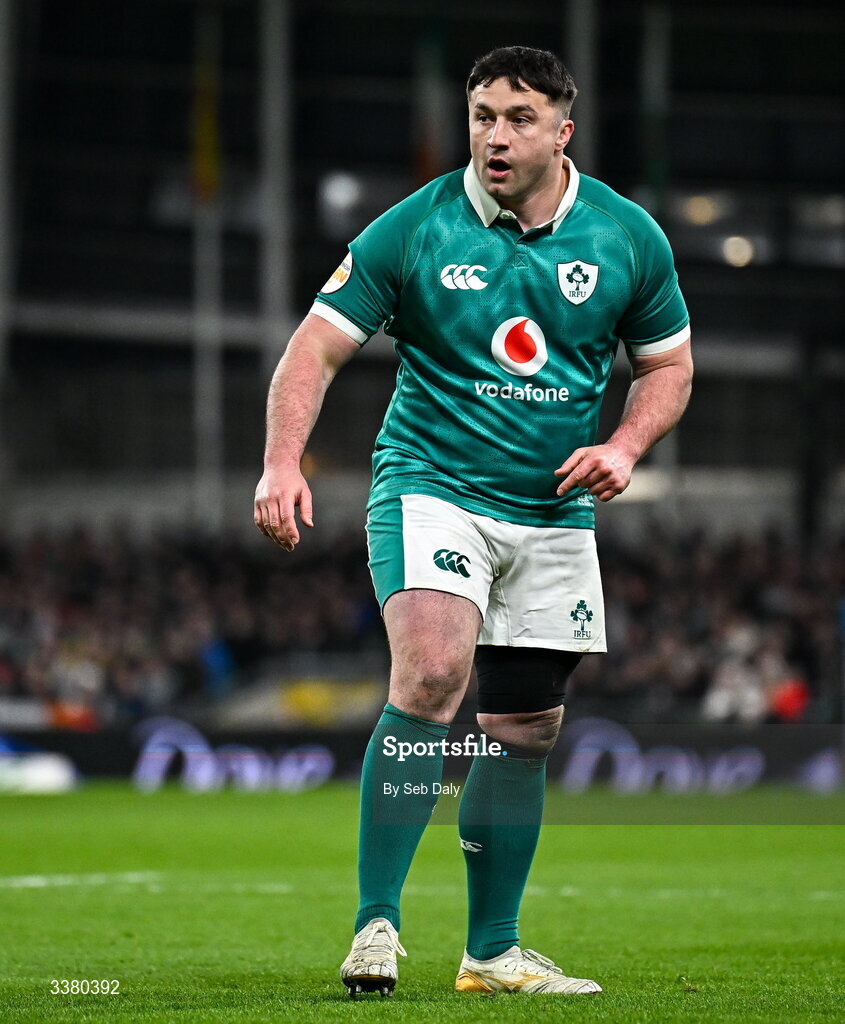 6 March 2026; Thomas Clarkson of Ireland during the Guinness 6 Nations Rugby Championship match between Ireland and Wales at the Aviva Stadium in Dublin. Photo by Seb Daly/Sportsfile