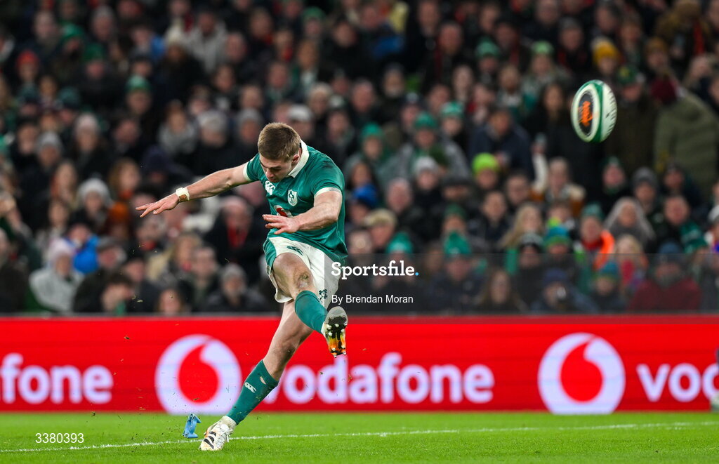 6 March 2026; Jack Crowley of Ireland kicks a conversion during the Guinness 6 Nations Rugby Championship match between Ireland and Wales at the Aviva Stadium in Dublin. Photo by Brendan Moran/Sportsfile