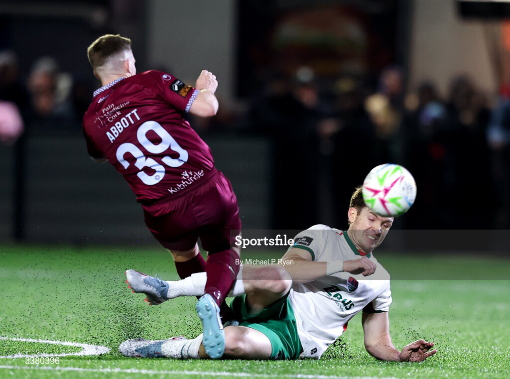 6 March 2026; Rory Feely of Cork City is tackled by Jason Abbott of Cobh Ramblers during the SSE Airtricity Men's First Division match between Cobh Ramblers and Cork City at St Colman's Park in Cobh, Cork. Photo by Michael P Ryan/Sportsfile