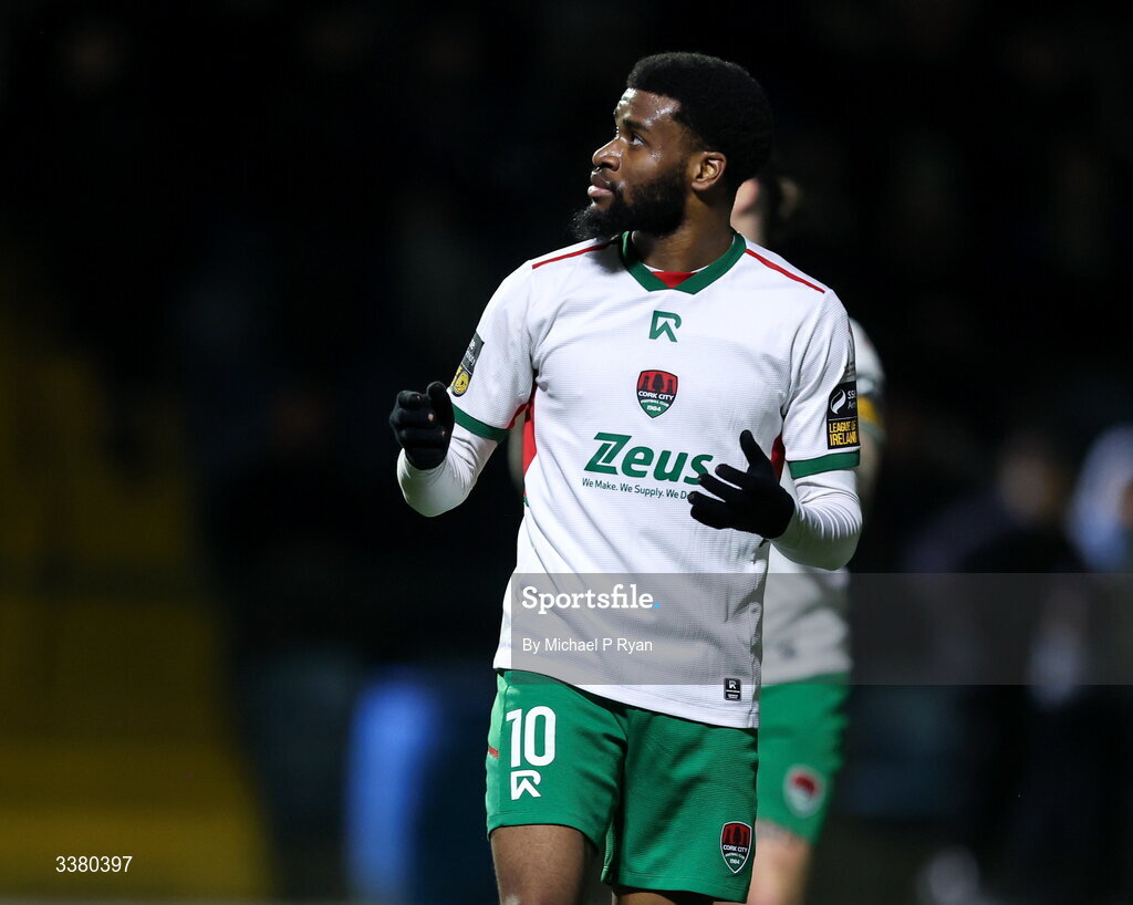6 March 2026; Hans Mpongo of Cork City reacts during the SSE Airtricity Men's First Division match between Cobh Ramblers and Cork City at St Colman's Park in Cobh, Cork. Photo by Michael P Ryan/Sportsfile