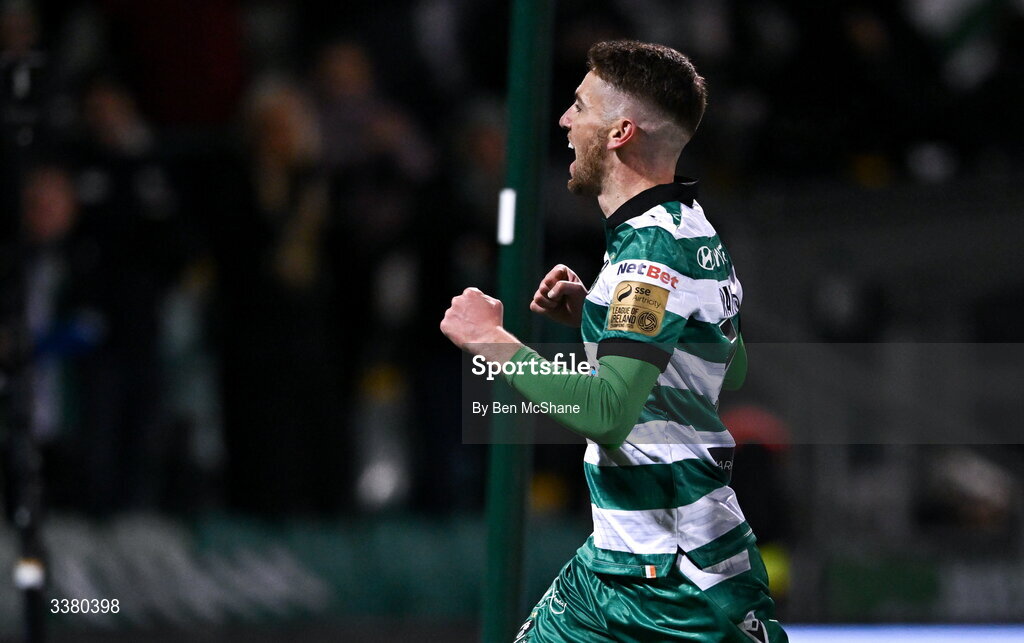 6 March 2026; Dylan Watts of Shamrock Rovers celebrates after scoring his side's first goal, a penalty, during the SSE Airtricity Men's Premier Division match between Shamrock Rovers and Derry City at Tallaght Stadium in Dublin. Photo by Ben McShane/Sportsfile