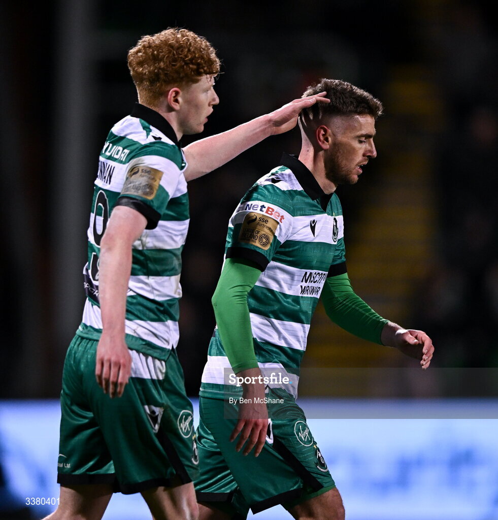 6 March 2026; Dylan Watts of Shamrock Rovers, right, celebrates with teammate Adam Brennan after scoring their side's first goal, a penalty, during the SSE Airtricity Men's Premier Division match between Shamrock Rovers and Derry City at Tallaght Stadium in Dublin. Photo by Ben McShane/Sportsfile