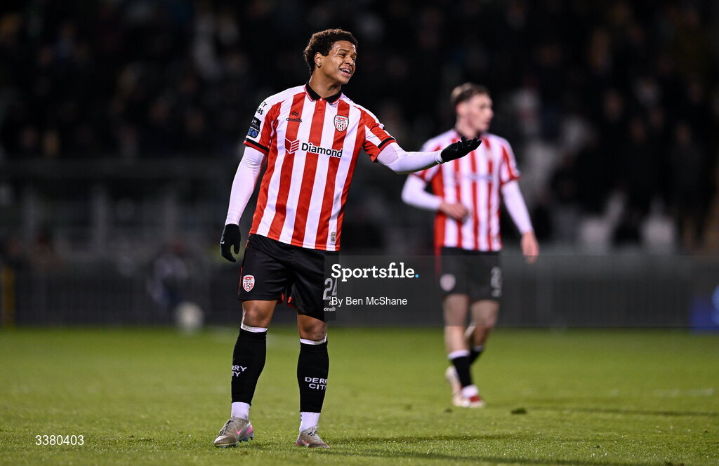 6 March 2026; Henry Rylah of Derry City reacts during the SSE Airtricity Men's Premier Division match between Shamrock Rovers and Derry City at Tallaght Stadium in Dublin. Photo by Ben McShane/Sportsfile