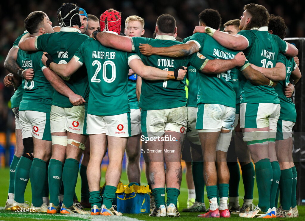 6 March 2026; Ireland players huddle during the Guinness 6 Nations Rugby Championship match between Ireland and Wales at the Aviva Stadium in Dublin. Photo by Brendan Moran/Sportsfile