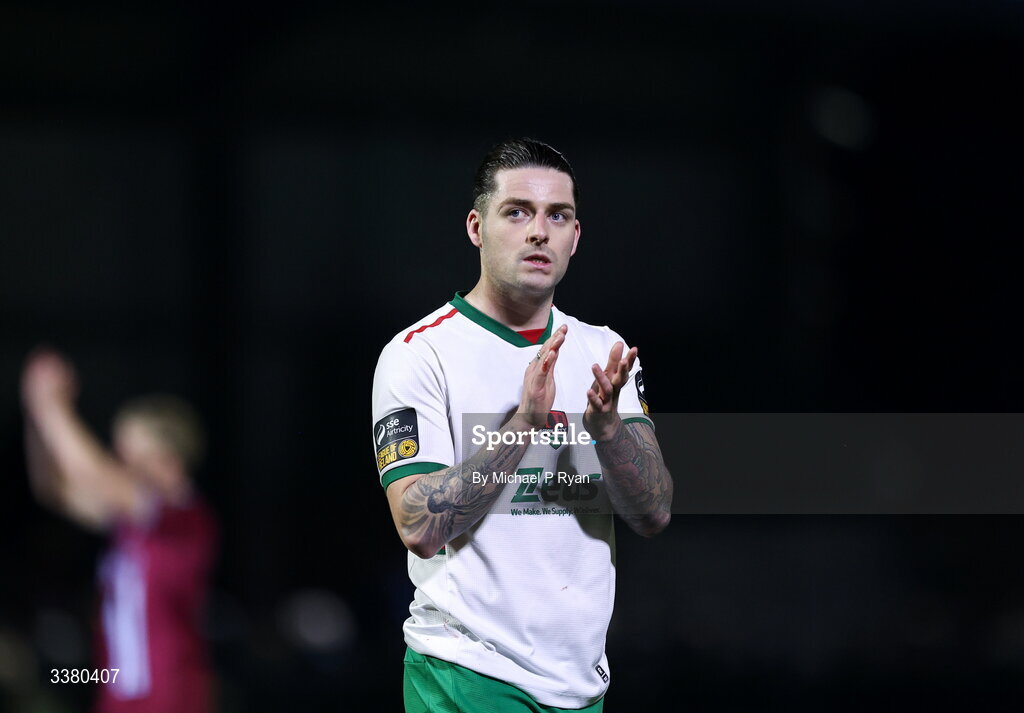 6 March 2026; Ruairí Keating of Cork City acknowledges his side's supporters after the SSE Airtricity Men's First Division match between Cobh Ramblers and Cork City at St Colman's Park in Cobh, Cork. Photo by Michael P Ryan/Sportsfile