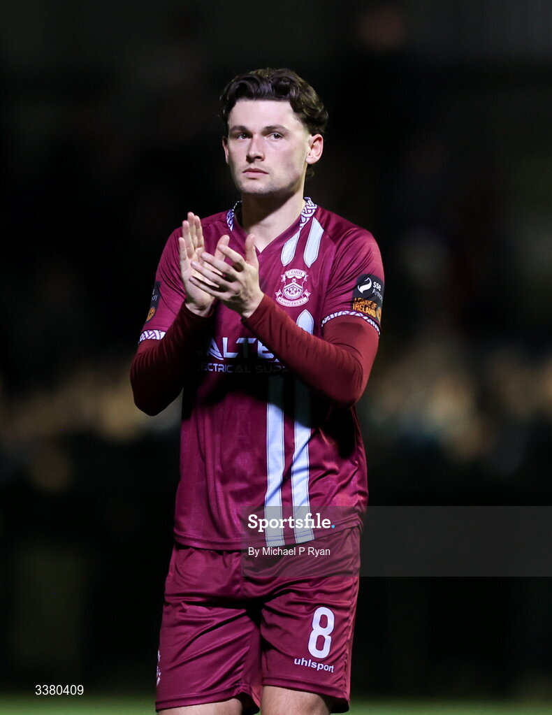 6 March 2026; Rhys Gourdie of Cobh Ramblers acknowledges his side's supporters after the SSE Airtricity Men's First Division match between Cobh Ramblers and Cork City at St Colman's Park in Cobh, Cork. Photo by Michael P Ryan/Sportsfile