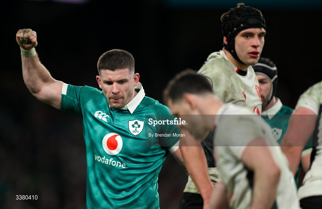 6 March 2026; Nick Timoney of Ireland celebrates winning a penalty during the Guinness 6 Nations Rugby Championship match between Ireland and Wales at the Aviva Stadium in Dublin. Photo by Brendan Moran/Sportsfile