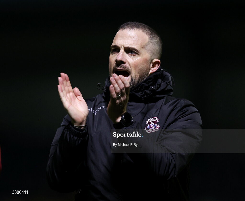 6 March 2026; Cobh Ramblers manager Fran Rockett acknowledges his side's supporters after the SSE Airtricity Men's First Division match between Cobh Ramblers and Cork City at St Colman's Park in Cobh, Cork. Photo by Michael P Ryan/Sportsfile