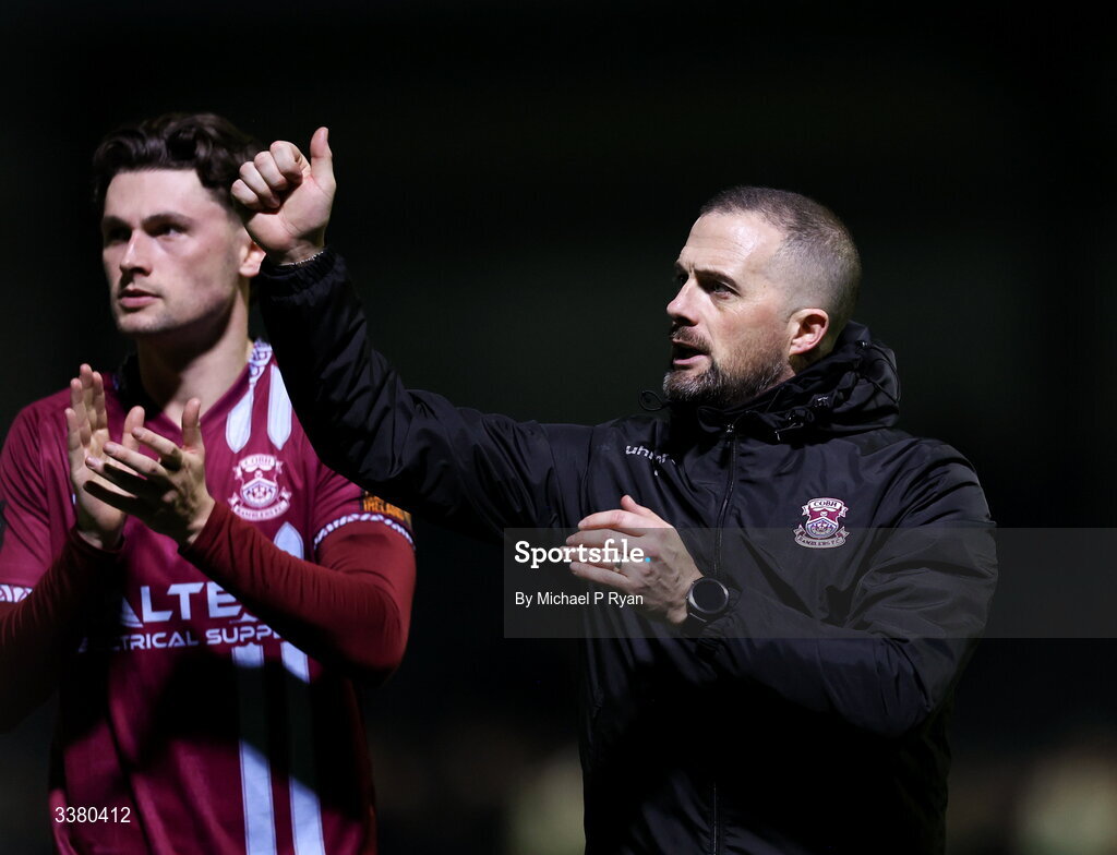 6 March 2026; Cobh Ramblers manager Fran Rockett acknowledges his side's supporters after the SSE Airtricity Men's First Division match between Cobh Ramblers and Cork City at St Colman's Park in Cobh, Cork. Photo by Michael P Ryan/Sportsfile