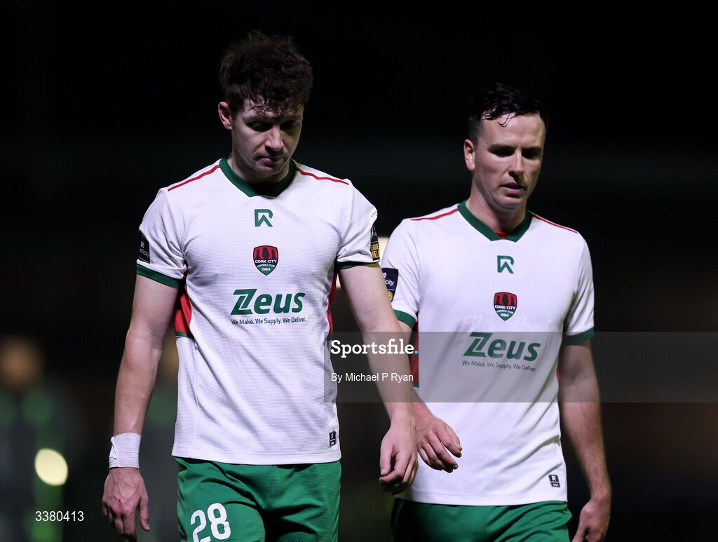 6 March 2026; Cork City players, from left, Rory Feely and Charlie Lyons of Cork City afterg the SSE Airtricity Men's First Division match between Cobh Ramblers and Cork City at St Colman's Park in Cobh, Cork. Photo by Michael P Ryan/Sportsfile
