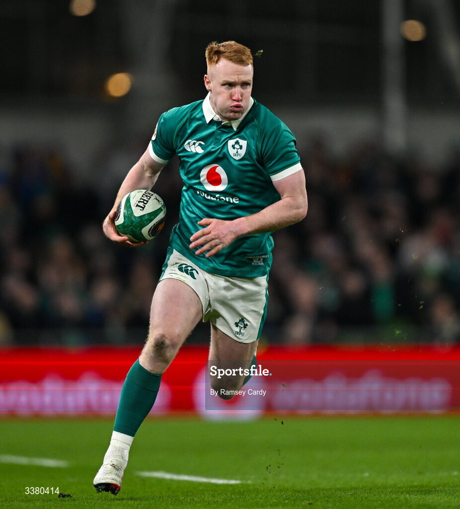 6 March 2026; Ciarán Frawley of Ireland during the Guinness 6 Nations Rugby Championship match between Ireland and Wales at the Aviva Stadium in Dublin. Photo by Ramsey Cardy/Sportsfile