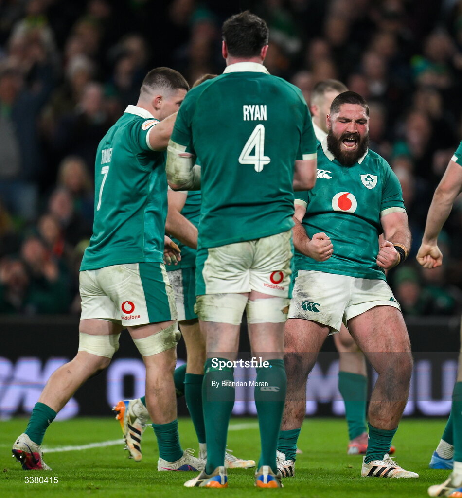 6 March 2026; Tom O’Toole of Ireland celebrates his side's third try during the Guinness 6 Nations Rugby Championship match between Ireland and Wales at the Aviva Stadium in Dublin. Photo by Brendan Moran/Sportsfile