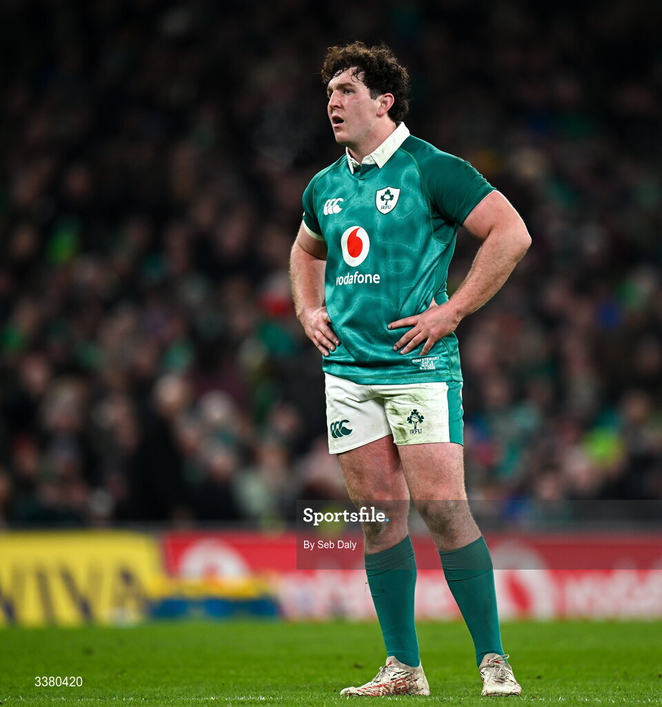 6 March 2026; Tom Stewart of Ireland during the Guinness 6 Nations Rugby Championship match between Ireland and Wales at the Aviva Stadium in Dublin. Photo by Seb Daly/Sportsfile