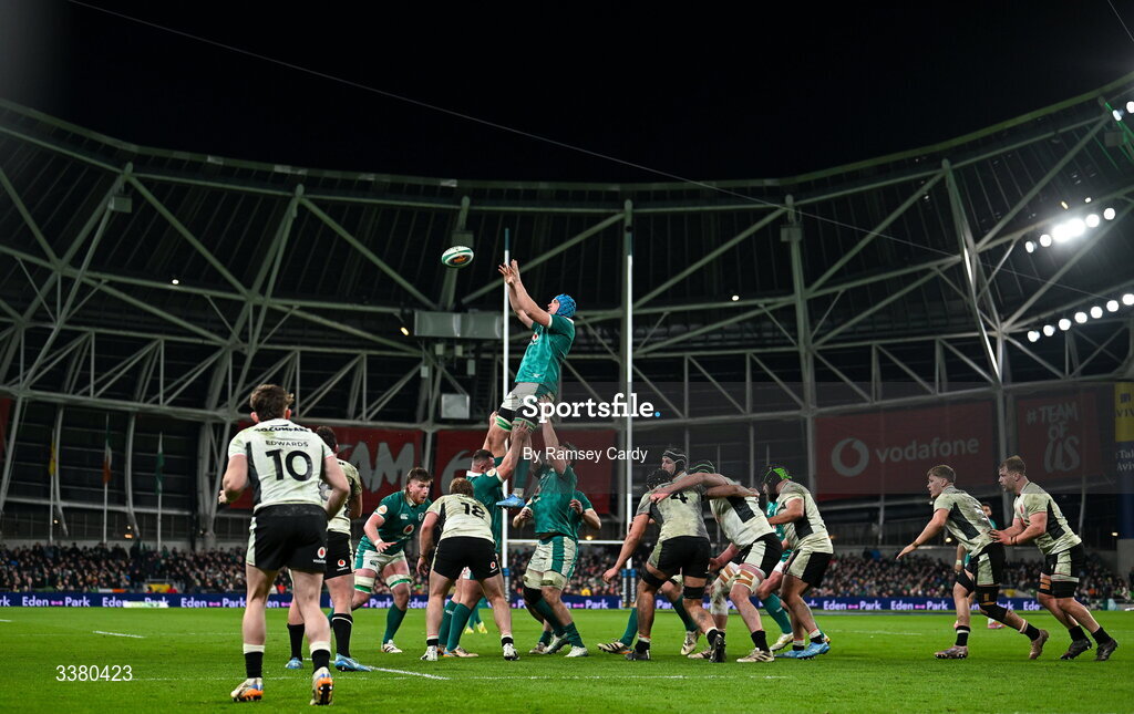 6 March 2026; Tadhg Beirne of Ireland wins possession in a lineout during the Guinness 6 Nations Rugby Championship match between Ireland and Wales at the Aviva Stadium in Dublin. Photo by Ramsey Cardy/Sportsfile