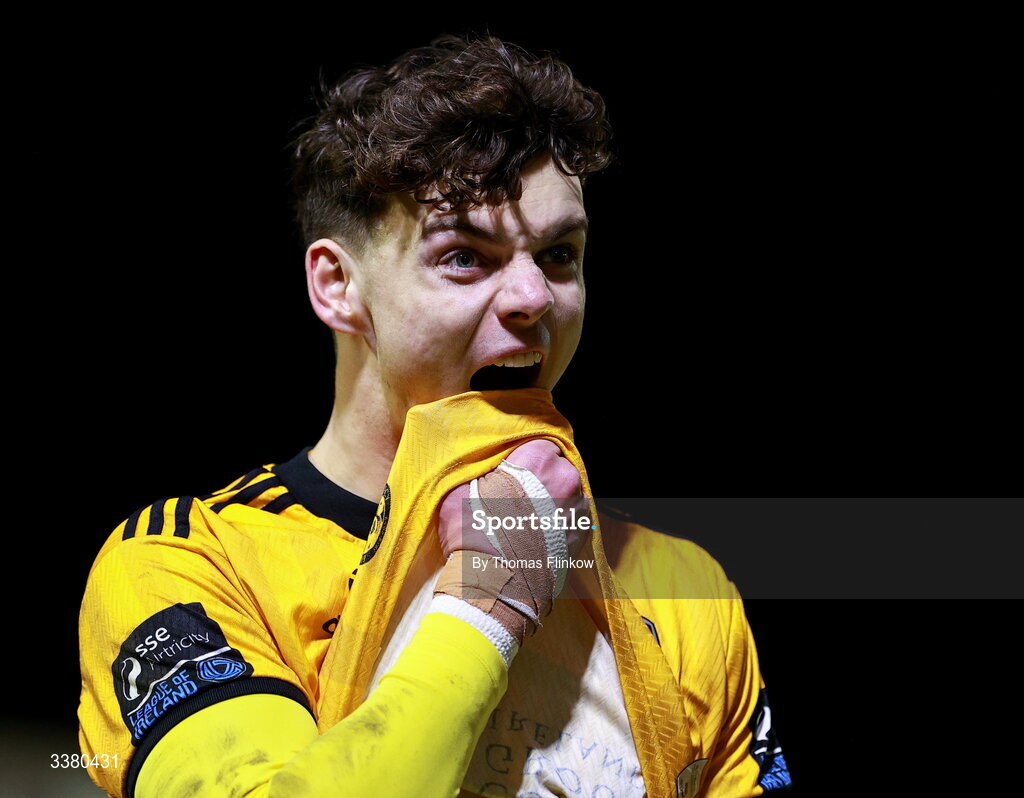 6 March 2026; Galway United goalkeeper Evan Watts reacts after the drawn SSE Airtricity Men's Premier Division match between Galway United and Dundalk at Eamonn Deacy Park in Galway. Photo by Thomas Flinkow/Sportsfile