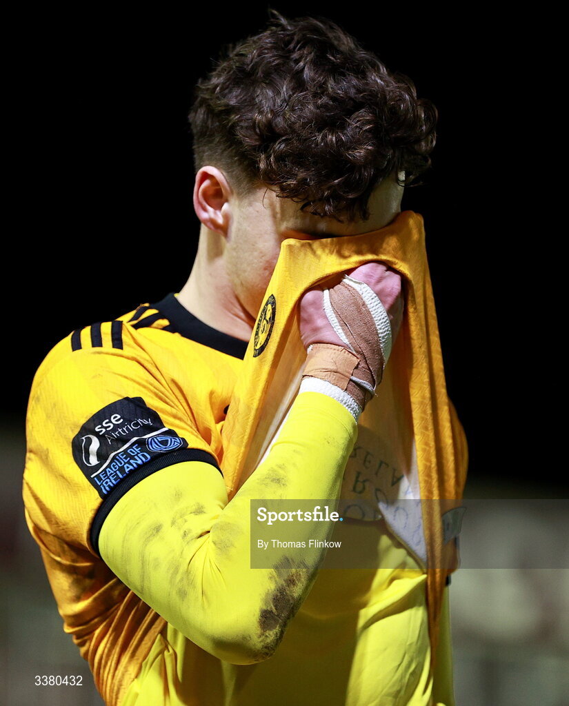 6 March 2026; Galway United goalkeeper Evan Watts reacts after the drawn SSE Airtricity Men's Premier Division match between Galway United and Dundalk at Eamonn Deacy Park in Galway. Photo by Thomas Flinkow/Sportsfile