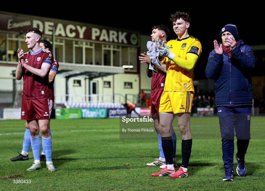 6 March 2026; Galway United players and manager John Caulfield applaud their supporters after the drawn SSE Airtricity Men's Premier Division match between Galway United and Dundalk at Eamonn Deacy Park in Galway. Photo by Thomas Flinkow/Sportsfile