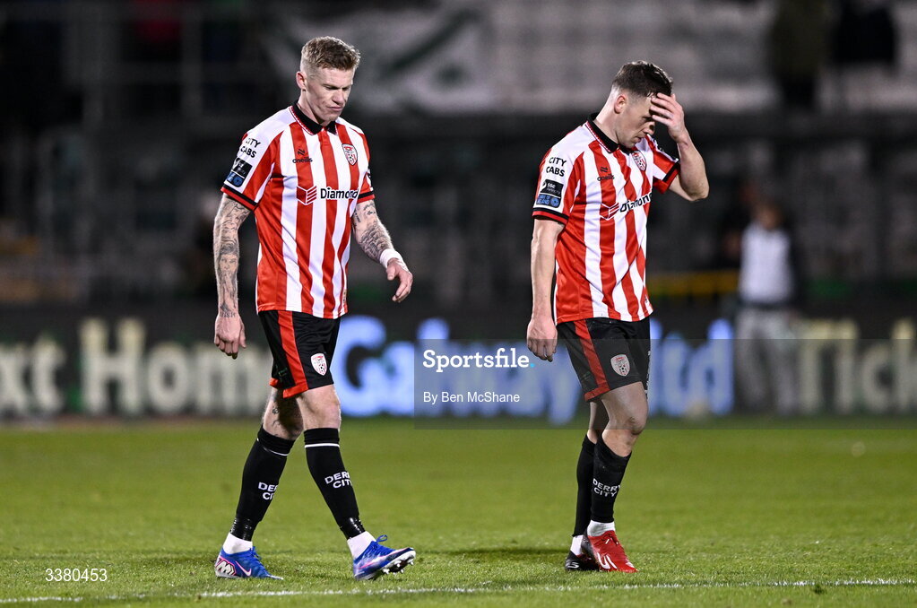 6 March 2026; James McClean, left, and Ben Doherty of Derry City react after their side's defeat in the SSE Airtricity Men's Premier Division match between Shamrock Rovers and Derry City at Tallaght Stadium in Dublin. Photo by Ben McShane/Sportsfile