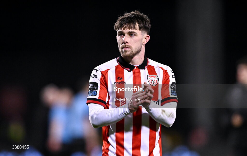 6 March 2026; Adam O'Reilly of Derry City after the SSE Airtricity Men's Premier Division match between Shamrock Rovers and Derry City at Tallaght Stadium in Dublin. Photo by Ben McShane/Sportsfile