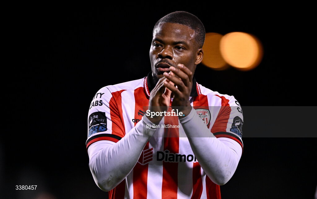 6 March 2026; Dipo Akinyemi of Derry City after the SSE Airtricity Men's Premier Division match between Shamrock Rovers and Derry City at Tallaght Stadium in Dublin. Photo by Ben McShane/Sportsfile