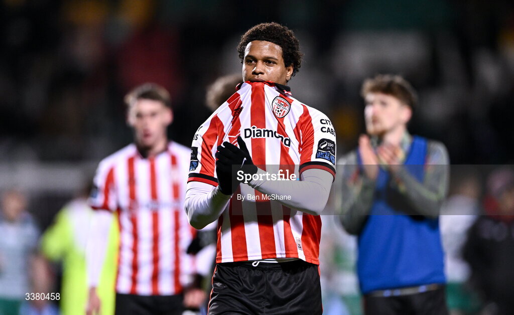 6 March 2026; Henry Rylah of Derry City reacts after his side's defeat in the SSE Airtricity Men's Premier Division match between Shamrock Rovers and Derry City at Tallaght Stadium in Dublin. Photo by Ben McShane/Sportsfile