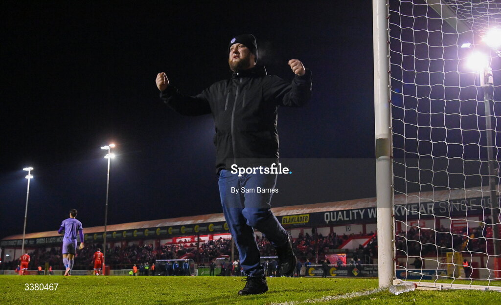 6 March 2026; A St Patrick's Athletic support celebrates his side's third goal during the SSE Airtricity Men's Premier Division match between Shelbourne and St Patrick's Athletic at Tolka Park in Dublin. Photo by Sam Barnes/Sportsfile