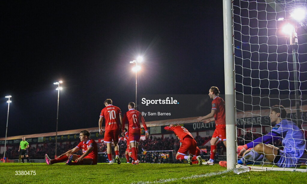 6 March 2026; Shelbourne players react after conceding a third goal during the SSE Airtricity Men's Premier Division match between Shelbourne and St Patrick's Athletic at Tolka Park in Dublin. Photo by Sam Barnes/Sportsfile