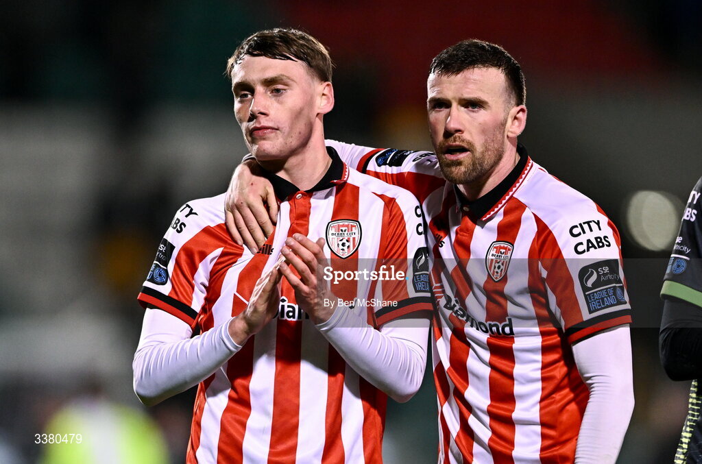 6 March 2026; An emotional Conor Barr of Derry City, left, is consoled by teammate Patrick McClean after the SSE Airtricity Men's Premier Division match between Shamrock Rovers and Derry City at Tallaght Stadium in Dublin. Photo by Ben McShane/Sportsfile