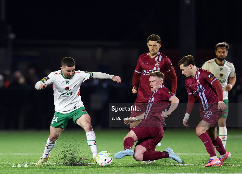 6 March 2026; Sean Maguire of Cork City in action against Jason Abbott of Cobh Ramblers during the SSE Airtricity Men's First Division match between Cobh Ramblers and Cork City at St Colman's Park in Cobh, Cork. Photo by Michael P Ryan/Sportsfile