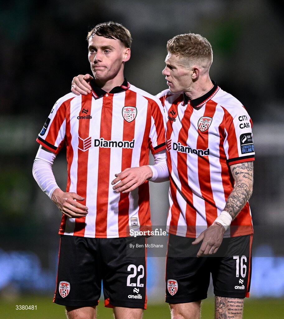 6 March 2026; An emotional Conor Barr of Derry City, left, is consoled by teammate James McClean after the SSE Airtricity Men's Premier Division match between Shamrock Rovers and Derry City at Tallaght Stadium in Dublin. Photo by Ben McShane/Sportsfile