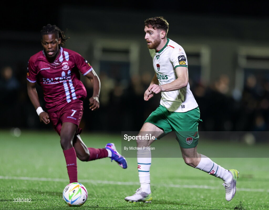 6 March 2026; Conor Drinan of Cork City in action against Wilson Waweru of Cobh Ramblers during the SSE Airtricity Men's First Division match between Cobh Ramblers and Cork City at St Colman's Park in Cobh, Cork. Photo by Michael P Ryan/Sportsfile