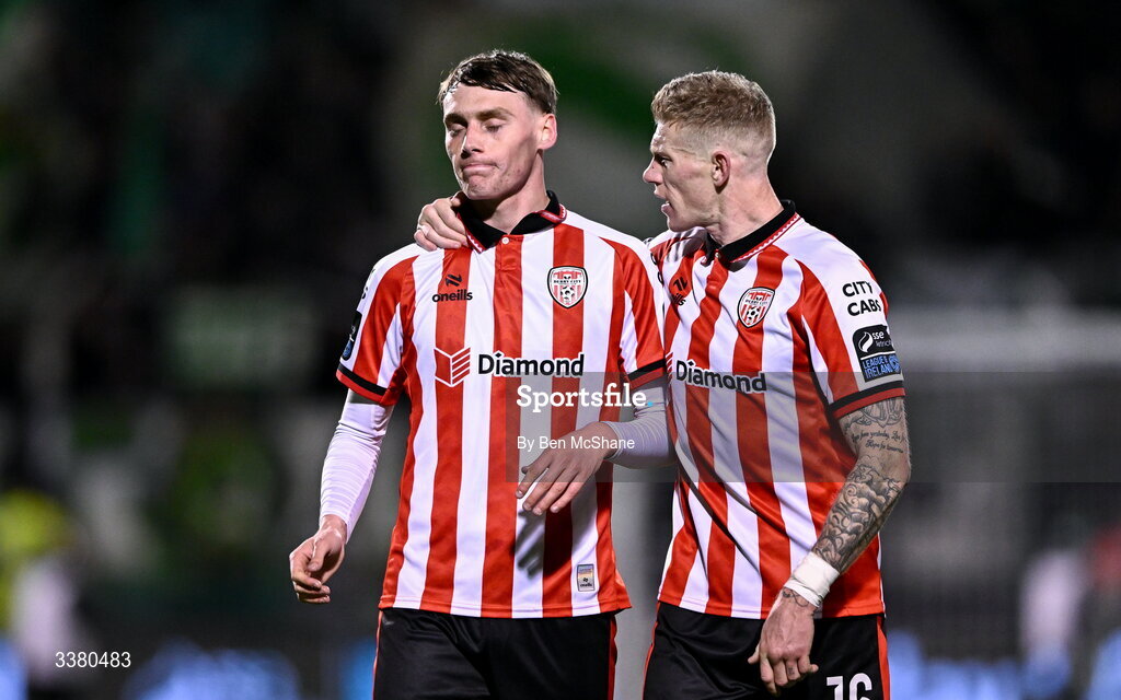 6 March 2026; An emotional Conor Barr of Derry City, left, is consoled by teammate James McClean after the SSE Airtricity Men's Premier Division match between Shamrock Rovers and Derry City at Tallaght Stadium in Dublin. Photo by Ben McShane/Sportsfile