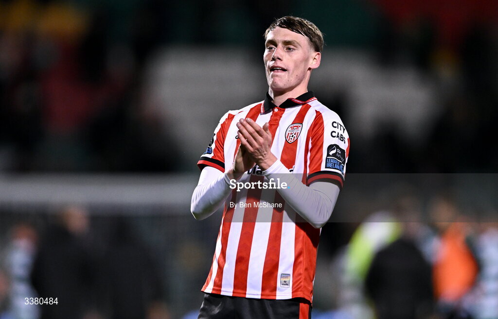 6 March 2026; An emotional Conor Barr of Derry City applaud to the supporters after the SSE Airtricity Men's Premier Division match between Shamrock Rovers and Derry City at Tallaght Stadium in Dublin. Photo by Ben McShane/Sportsfile
