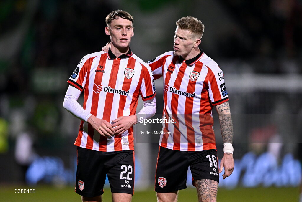 6 March 2026; An emotional Conor Barr of Derry City, left, is consoled by teammate James McClean after the SSE Airtricity Men's Premier Division match between Shamrock Rovers and Derry City at Tallaght Stadium in Dublin. Photo by Ben McShane/Sportsfile