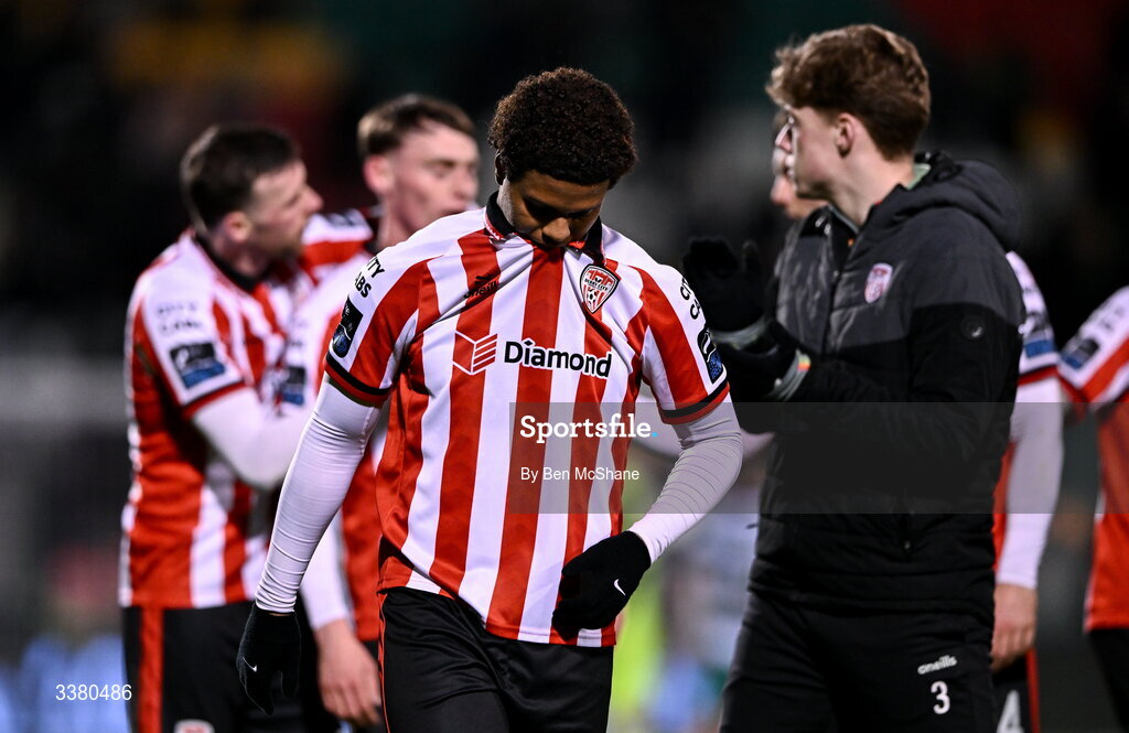 6 March 2026; Henry Rylah of Derry City reacts after his side's defeat in the SSE Airtricity Men's Premier Division match between Shamrock Rovers and Derry City at Tallaght Stadium in Dublin. Photo by Ben McShane/Sportsfile