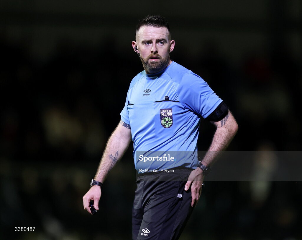 6 March 2026; Referee Declan Toland during the SSE Airtricity Men's First Division match between Cobh Ramblers and Cork City at St Colman's Park in Cobh, Cork. Photo by Michael P Ryan/Sportsfile