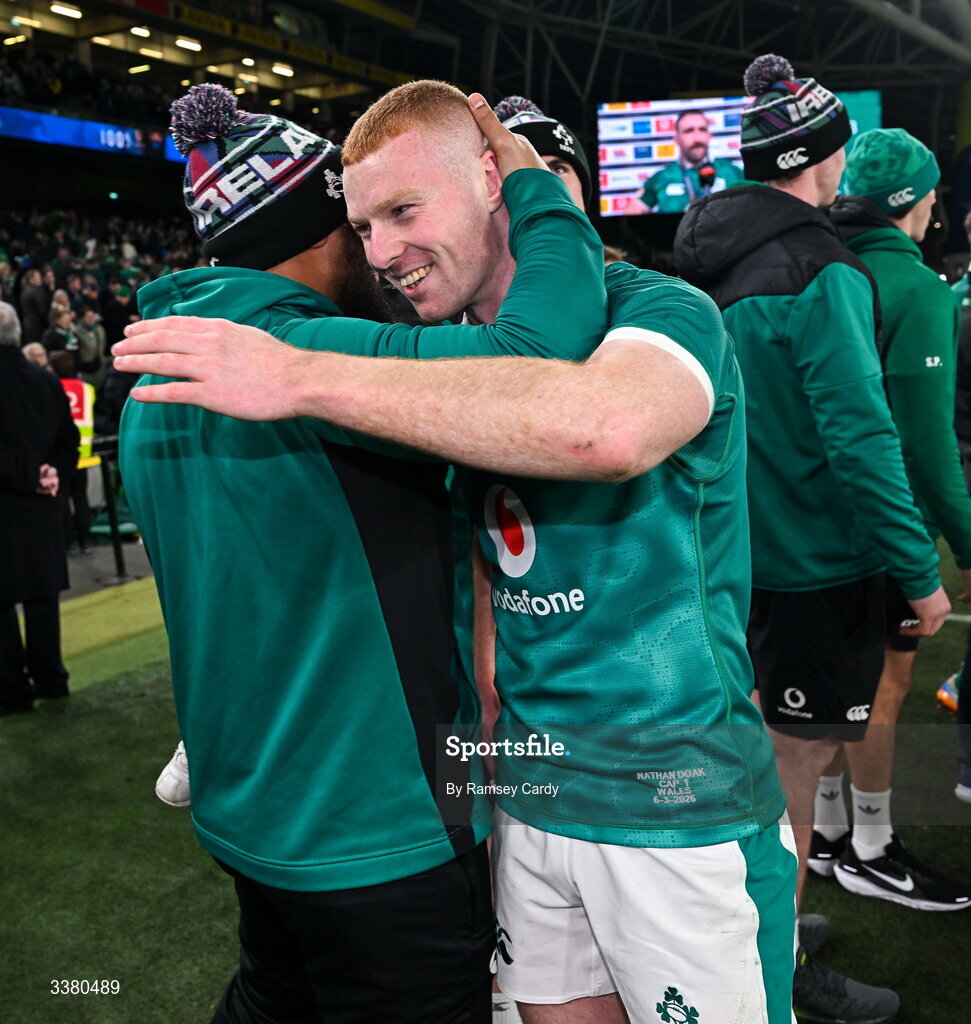 6 March 2026; Nathan Doak of Ireland after his side's victory in the Guinness 6 Nations Rugby Championship match between Ireland and Wales at the Aviva Stadium in Dublin. Photo by Ramsey Cardy/Sportsfile