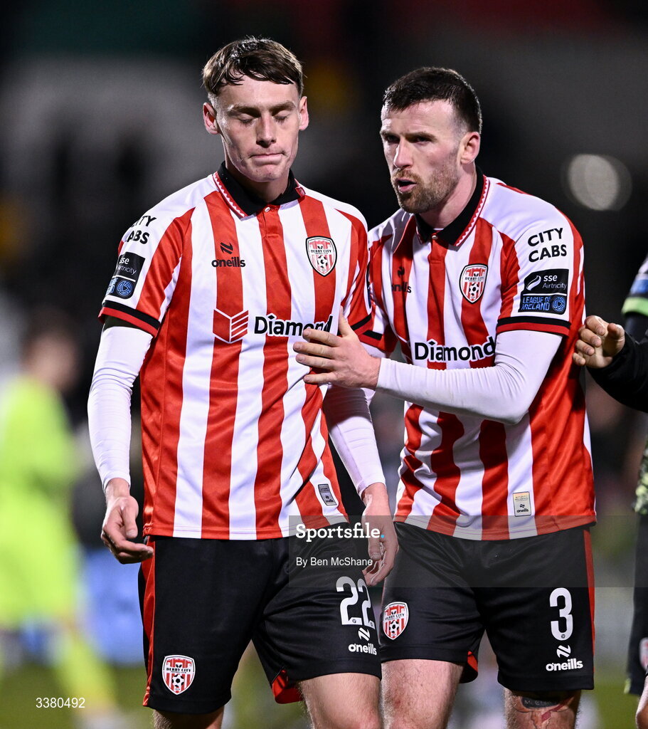 6 March 2026; An emotional Conor Barr of Derry City, left, is consoled by teammate Patrick McClean after the SSE Airtricity Men's Premier Division match between Shamrock Rovers and Derry City at Tallaght Stadium in Dublin. Photo by Ben McShane/Sportsfile